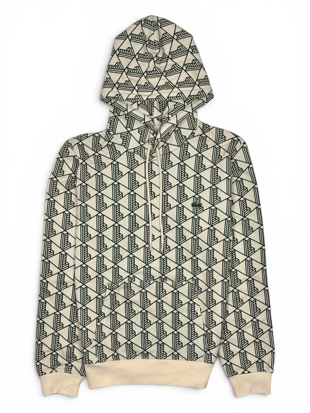 NWOT Lacoste Monogram Fleece Hoodie Geometric L All Over Print Green Cream S